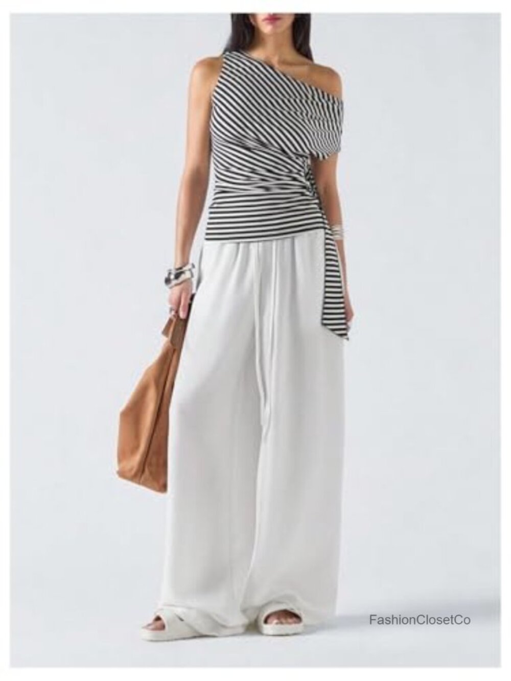 Striped One Shoulder Ribbed Knit Blouse Ruched Draped Going Out Top - Picture 4 of 5